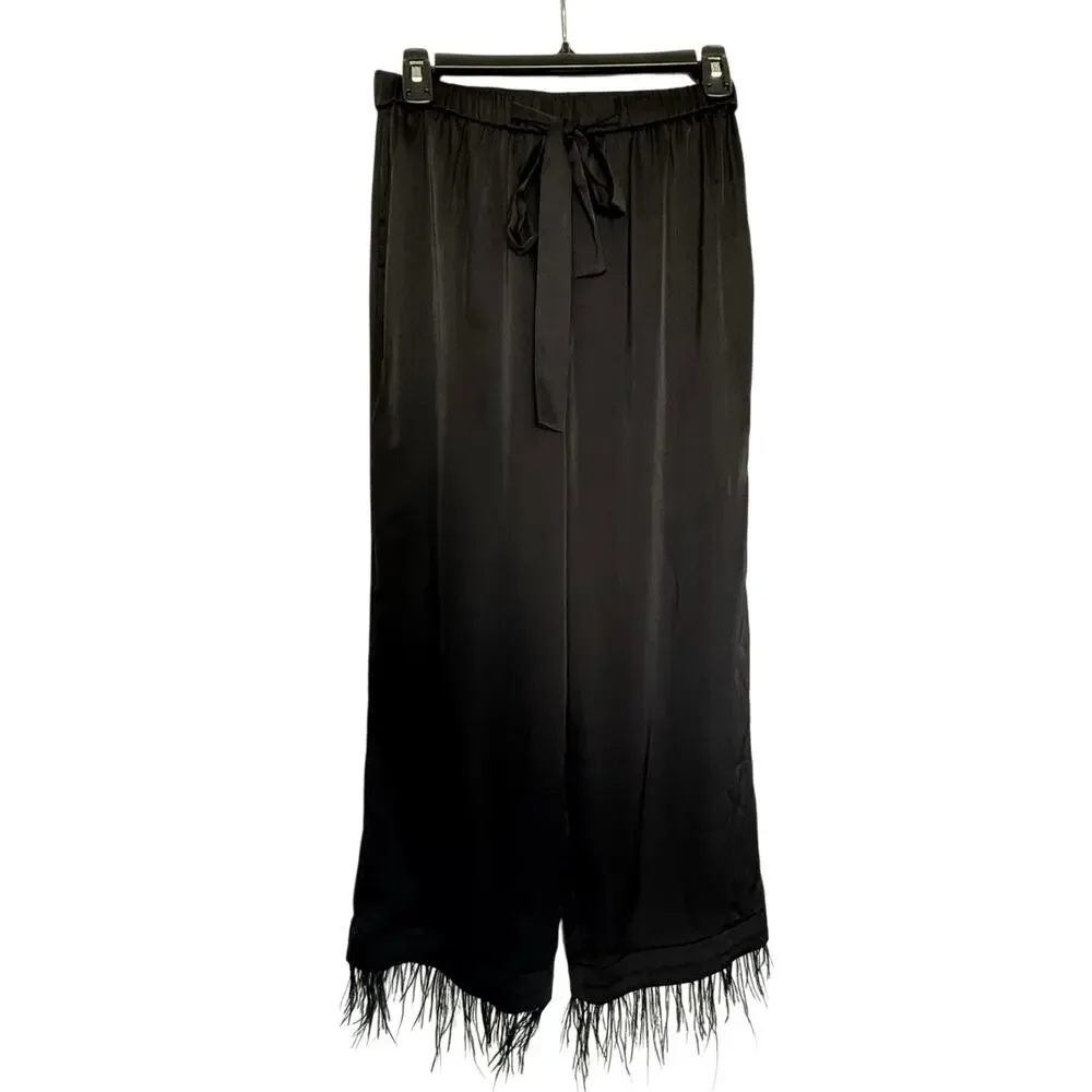 L'Academie Los Angeles Ostrich Feather Hem Pants Size S Satin Lounge Pants Item
